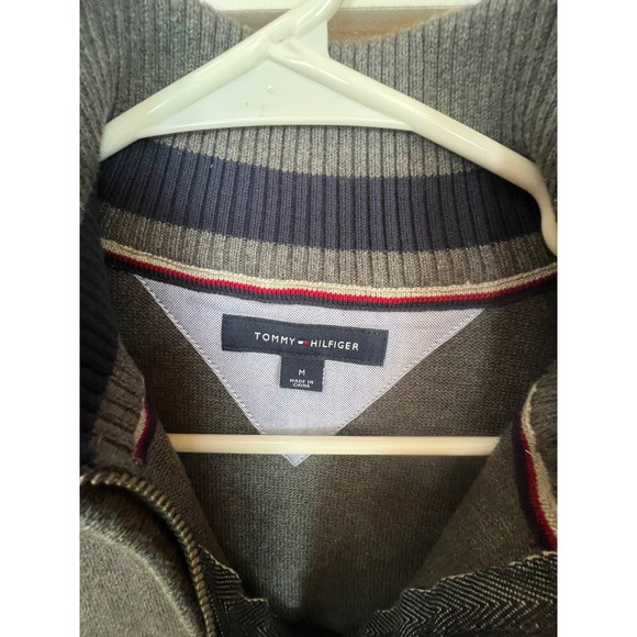 Tommy Hilfiger Mens Quarter Zip Sweater Grey Cotton Pullover Leather Pull Size M - Picture 6 of 9